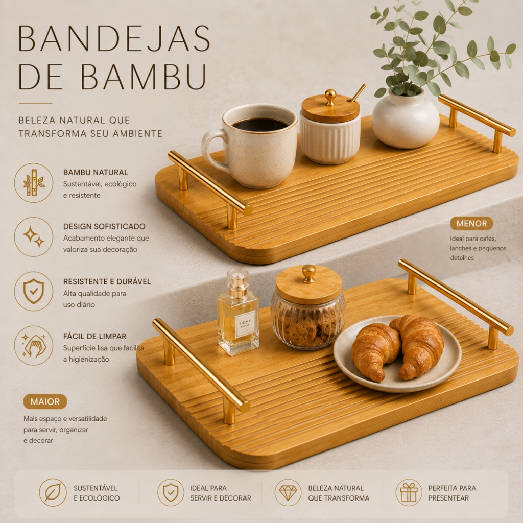 Bandeja Retangular de Bambu com Alças Douradas para Servir Café Petiscos e Decoração 20x28 ou 24x33cm