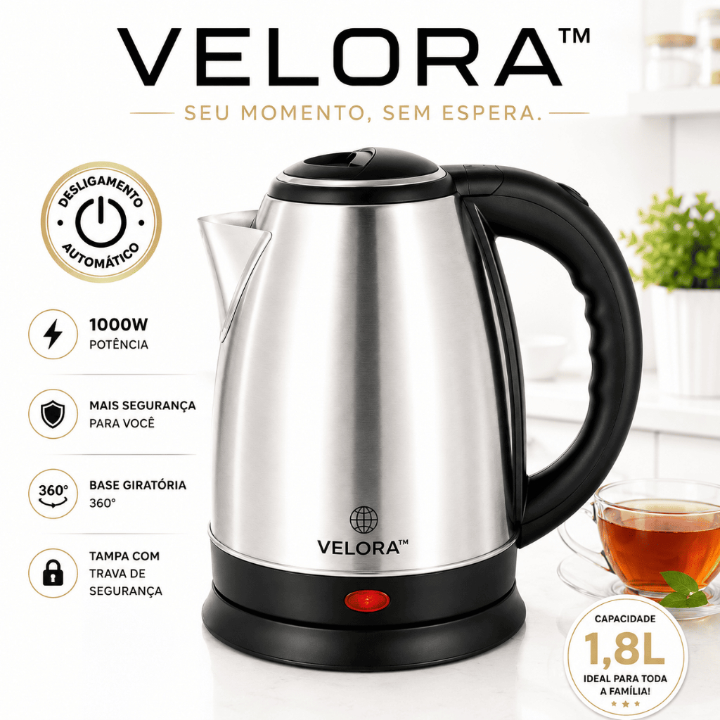 Chaleira Elétrica Inox Velora 1,8L 1000W 127V Aquecimento Rápido Desligamento Automático