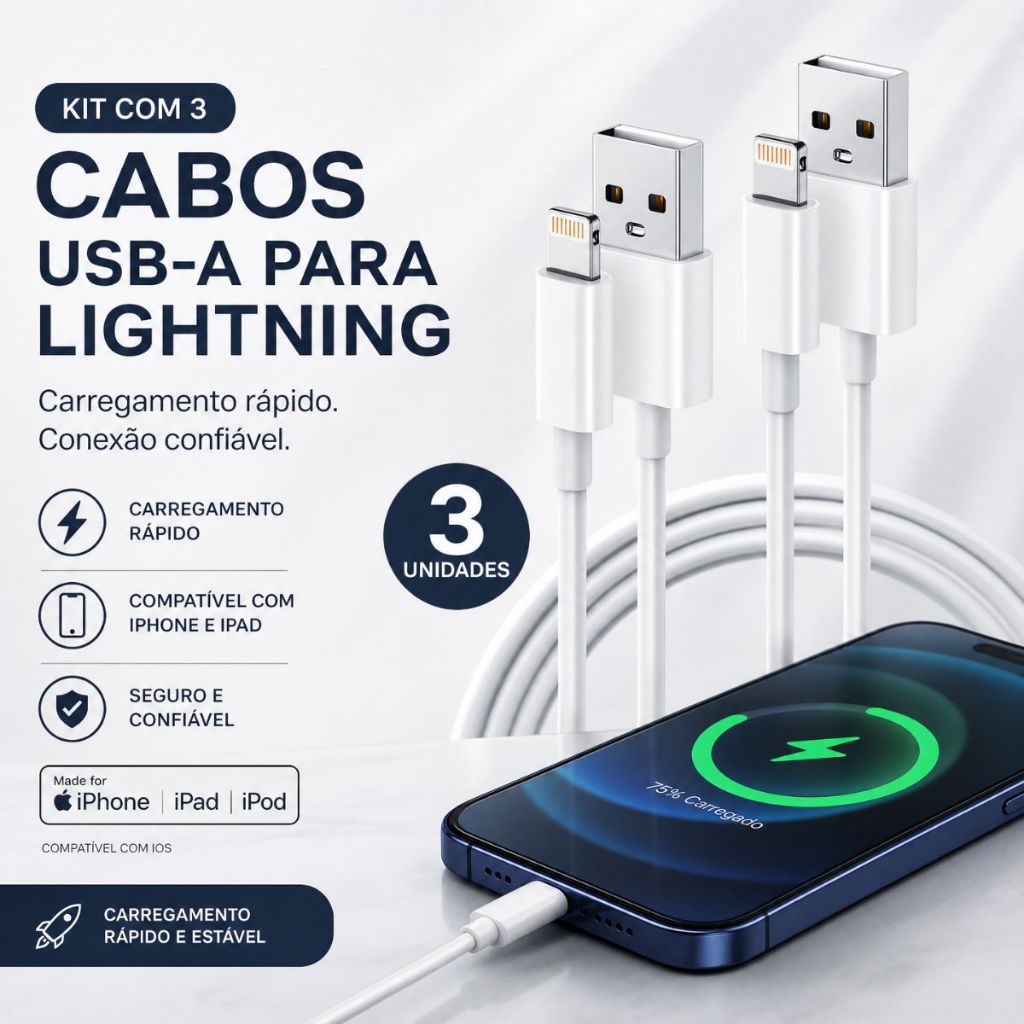 Kit 3 Cabos Turbo Compatível Com Iphone Carregador Usb 1 Metro