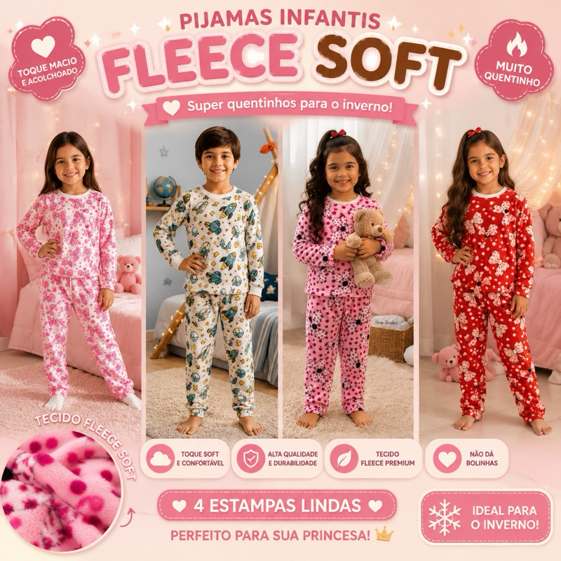 Conjunto Pijama Infantil Fleece Soft Peluciado Quentinho Inverno Menina Menino 2 4 6 8 10 Anos