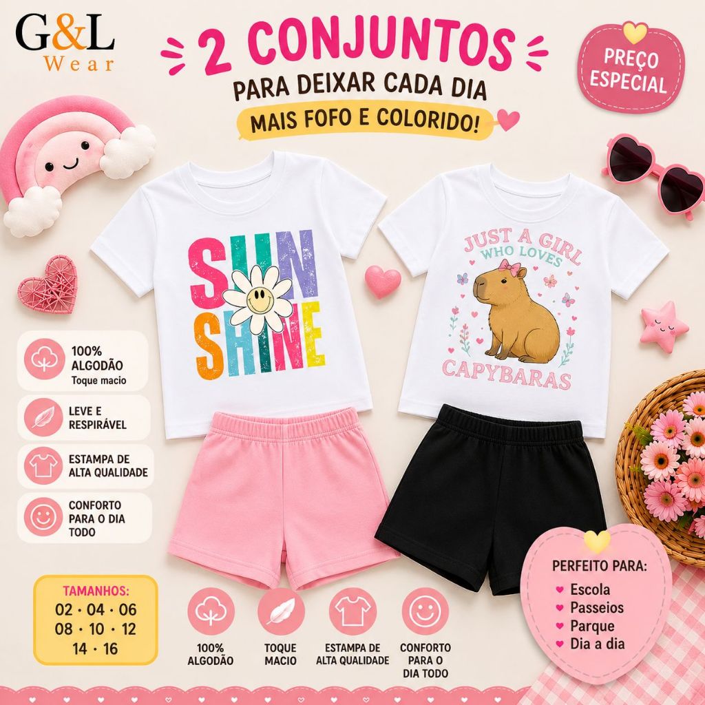 Conjunto Infantil Menina Kit com 2 Roupa Infantil Menina Camiseta + Shorts Roupa Verão Tamanho 04 ao 16