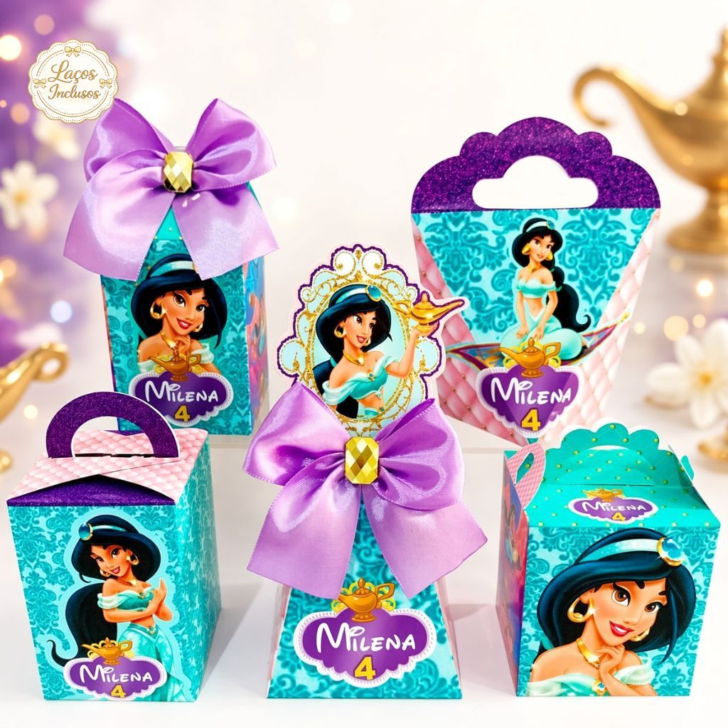 Kit Festa Princesa Jasmine Luxo | Caixinhas Lembrancinha Personalizadas com Laço | Aniversário Infantil