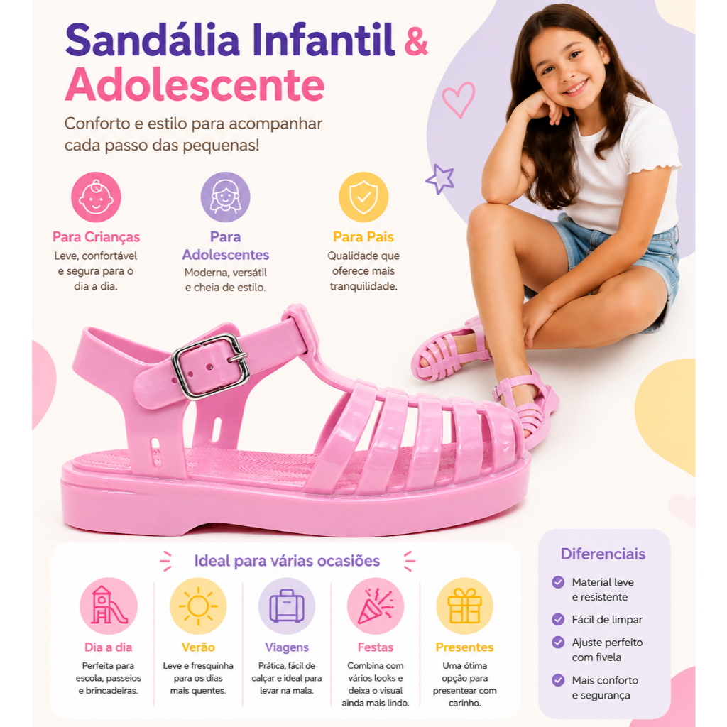 Sandalia Sapatilha Papete Calçado Infantil Feminina Menina Casual com Tiras e Fivela Confortável