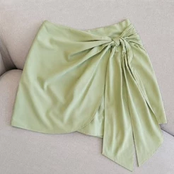 Short Saia Linho Feminino Transpassado Amarração Lateral Tendência Verão