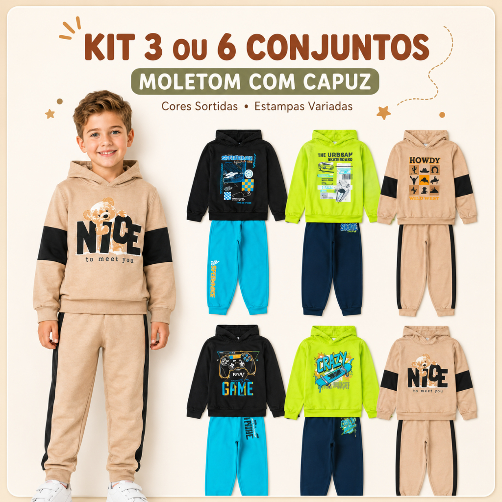 Kit 6 ou 12 Peças (3 ou 6 Conjuntos) Moletom Conjunto Recortes Com Capuz Inverno Roupa Menino