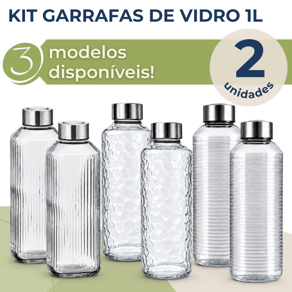 Kit 2 Garrafas de Vidro 1 Litro Tampa Inox Água Suco Geladeira
