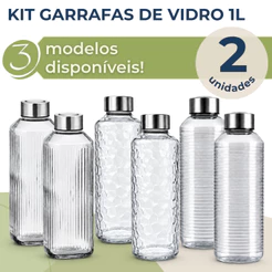 Kit 2 Garrafas de Vidro 1 Litro Tampa Inox Água Suco Geladeira