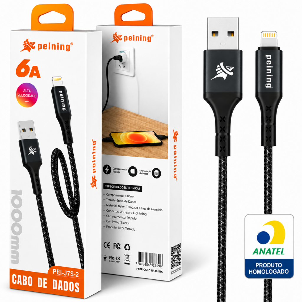 Cabo USB para iPhone Tipo A 1 Metro Turbo Fast – Carregamento Rápido e Dados Premium Preto | Cabo Resistente Compatível