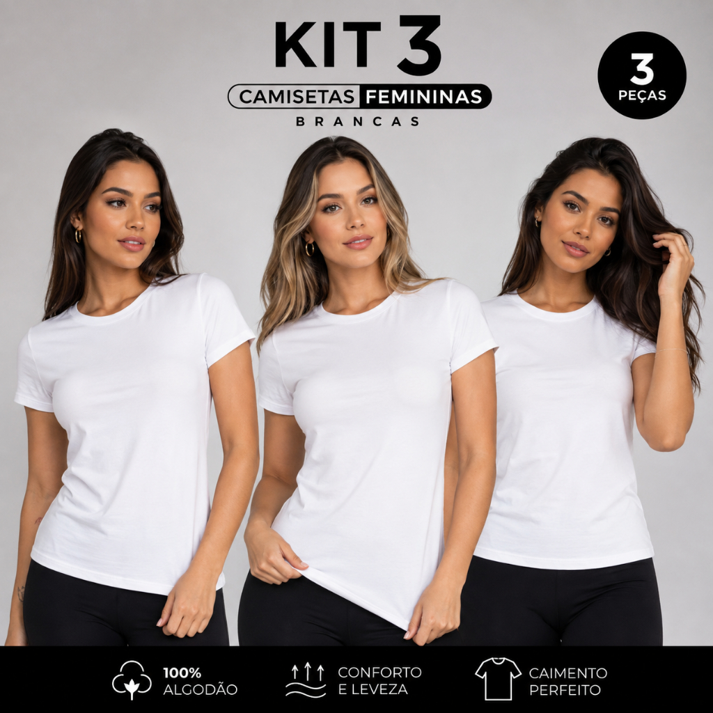 Kit 3 Camisetas Brancas Femininas 100% Algodão Premium Básicas Lisas Moda Urbana