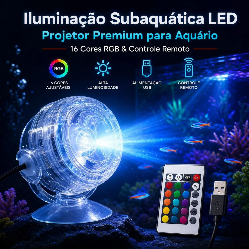 Luminária Led Rgb Submersível Aquário Com Controle Remoto