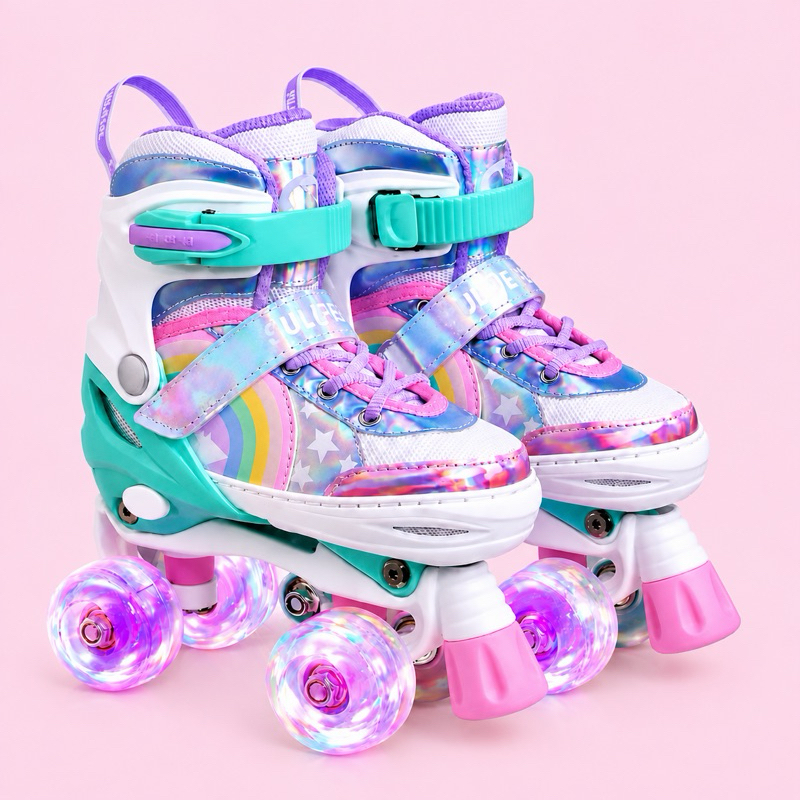 Patins Infantil Arco Íris + Kit Proteção com Led nas Rodinhas/ Tamanhos Ajustáveis