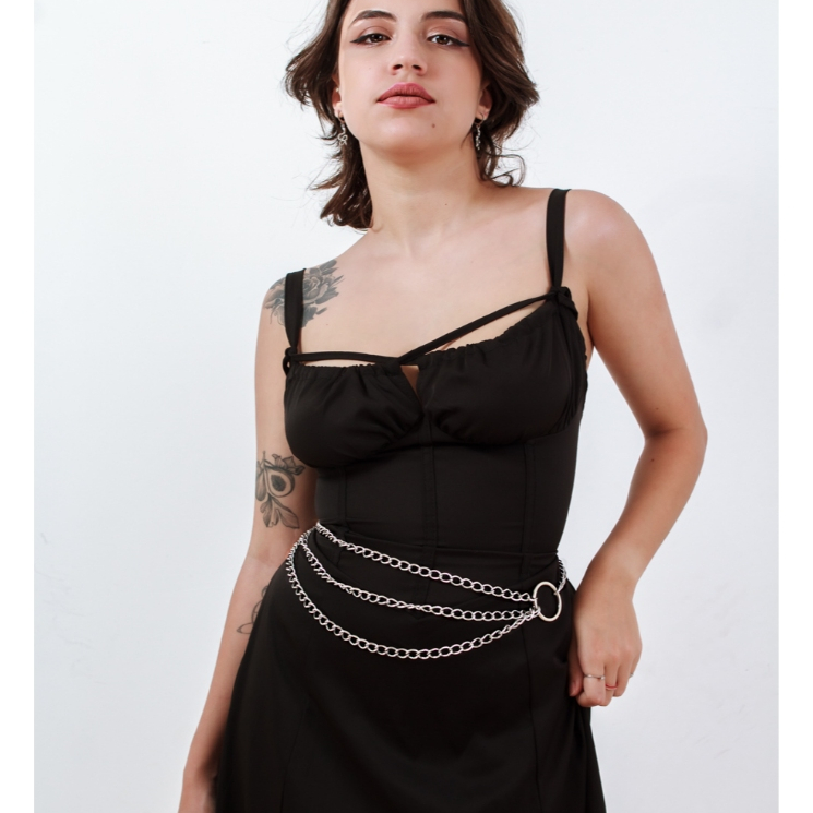Cinto Corrente de Cintura Acessório Feminino Body Chain Prateado Regulável Argolas Vestido Saia