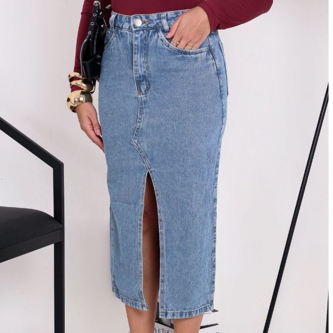Saia Mid Jeans C/ Fenda Lateral Lavagem Média Lançamento Verão