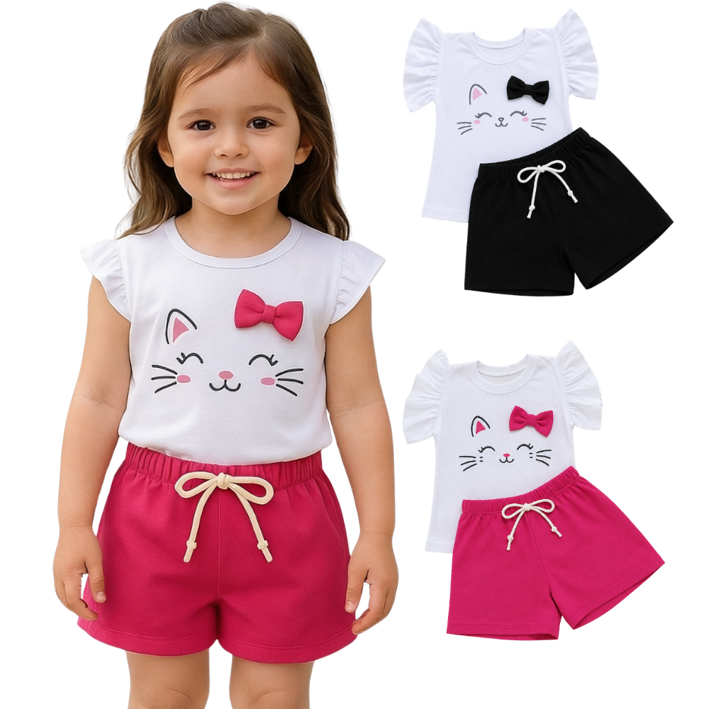 Conjunto Gatinha Infantil Menina Short Rosa Pink E Blusa Estampada Confortável Bebê Delicado Fashion