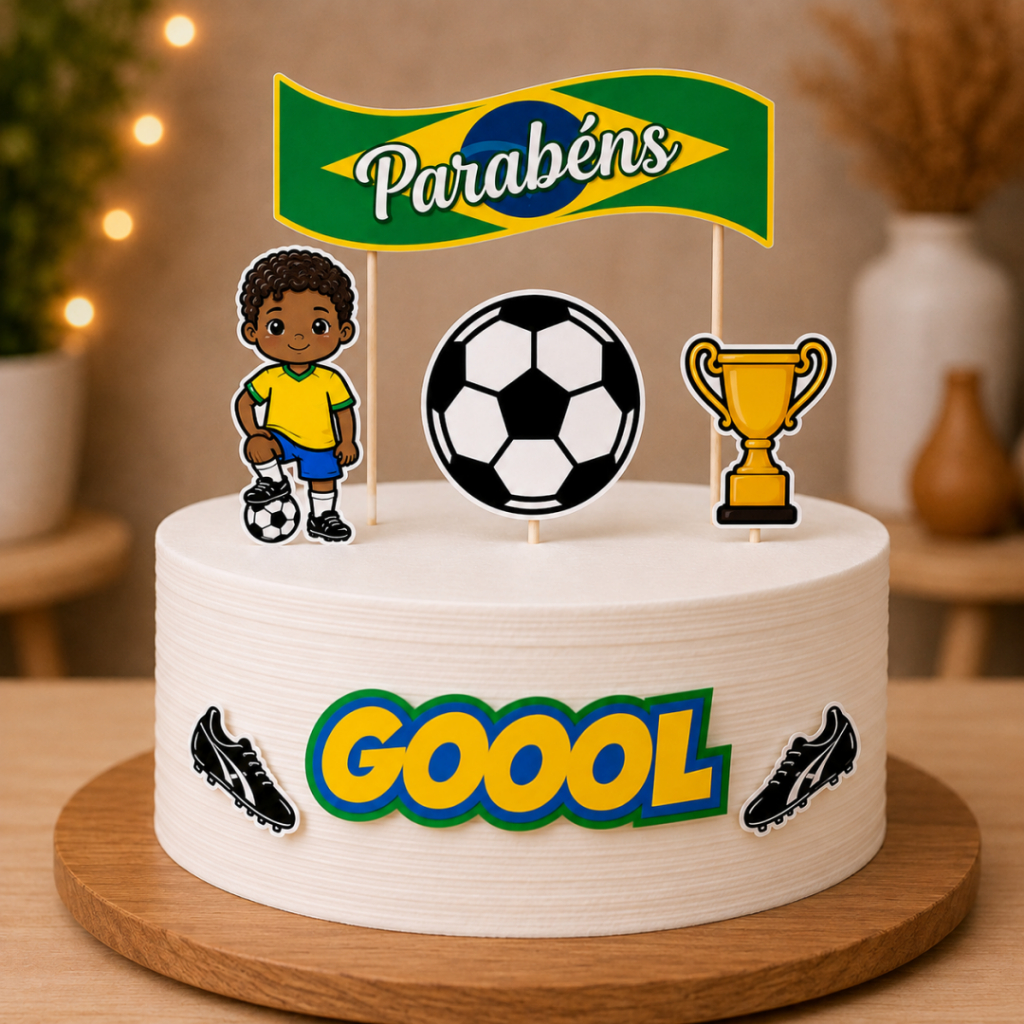 Topo de bolo futebol Selecao Brasileira verde amarelo enfeite parabens mesversario festa infantil menino pronta entrega