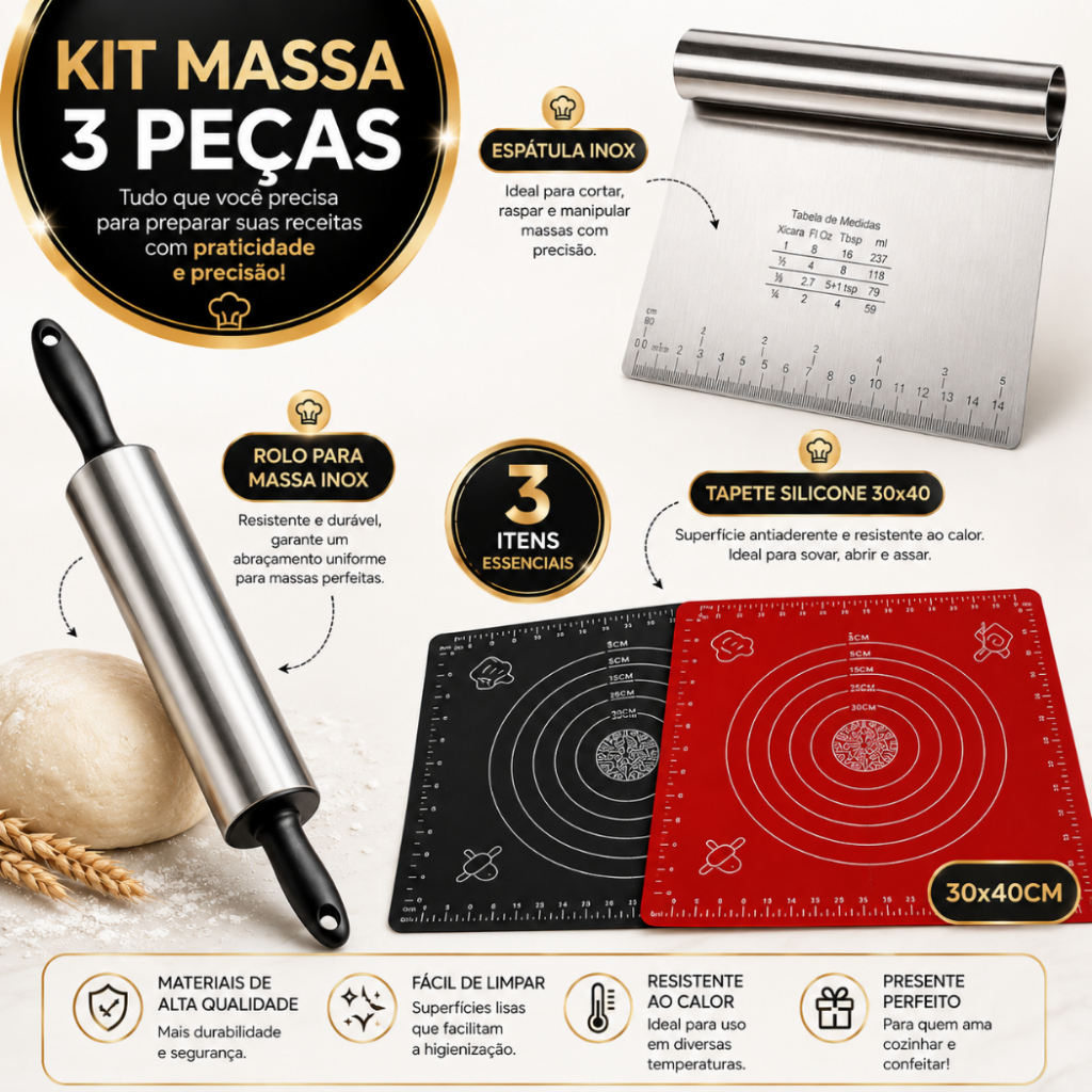 KIT MASSA , PAO, CONFEITARIA, BOLO, Rolo Inox profissional , Espátula inox, Tapete silicone
