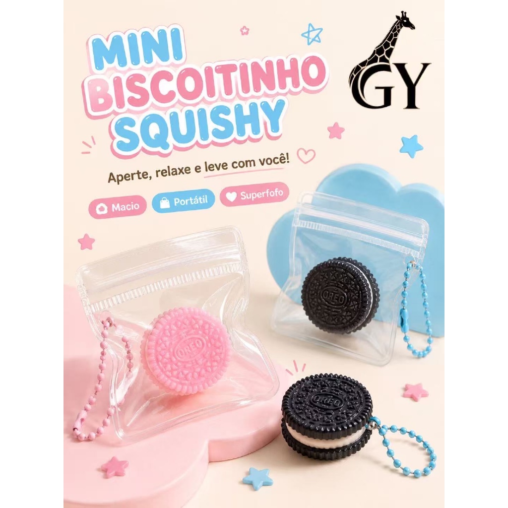 Mini Squishy Biscoito Recheado de Apertar com Bolsinha Transparente e Corrente Chaveiro Antiestresse