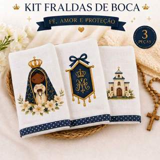Fralda de boca bebê kit 3 unidades Nossa Senhora, 20 x30cm 100% algodão presente para bebê