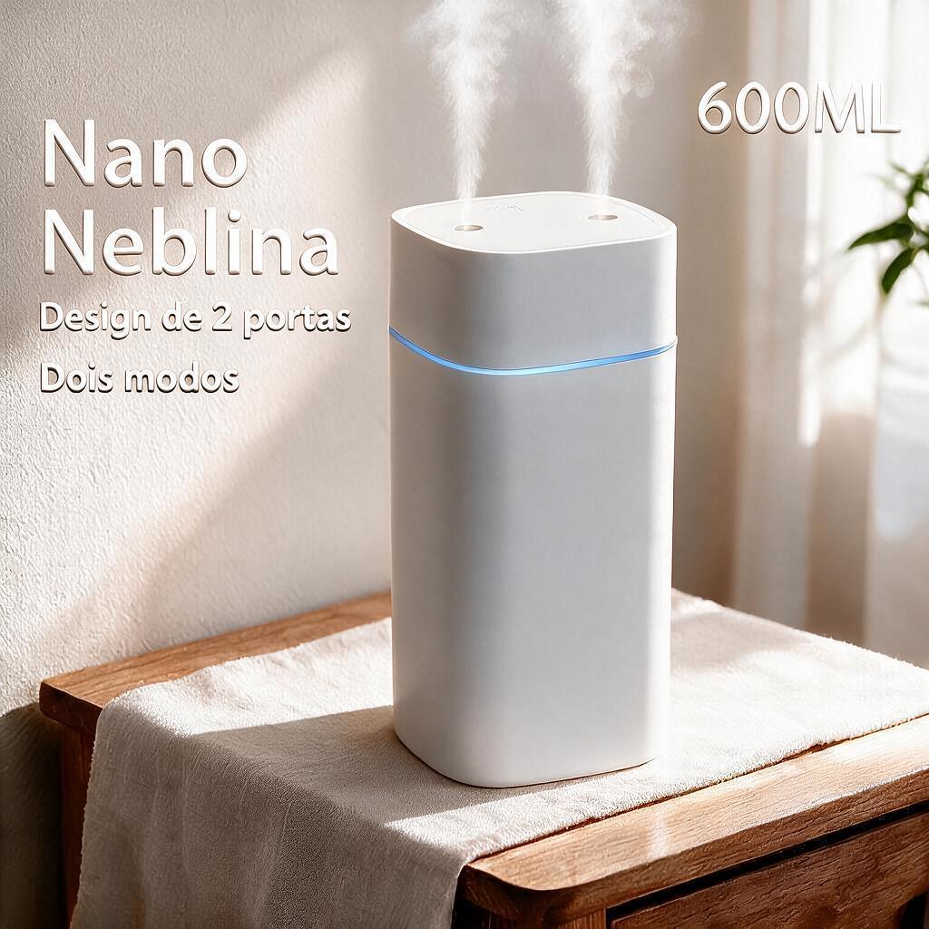 Umidificador de Ar Ultrassônico 600ml Bico Duplo USB Portátil Silencioso 7 Luzes LED Desligamento Automático Para Quarto