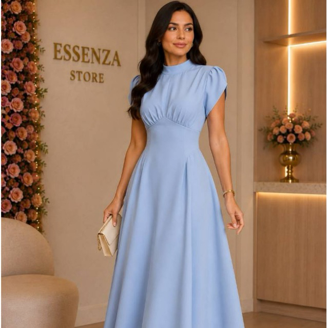 Vestido Longo Elegante Gola Alta Ombreira Drapeado Fluido Festa ES-VES-079