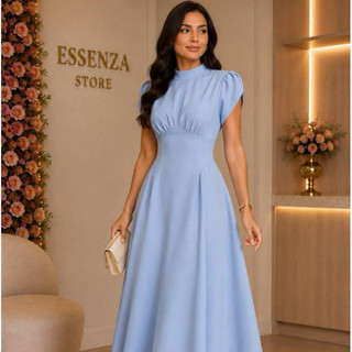 Vestido Longo Elegante Gola Alta Ombreira Drapeado Fluido Festa ES-VES-079