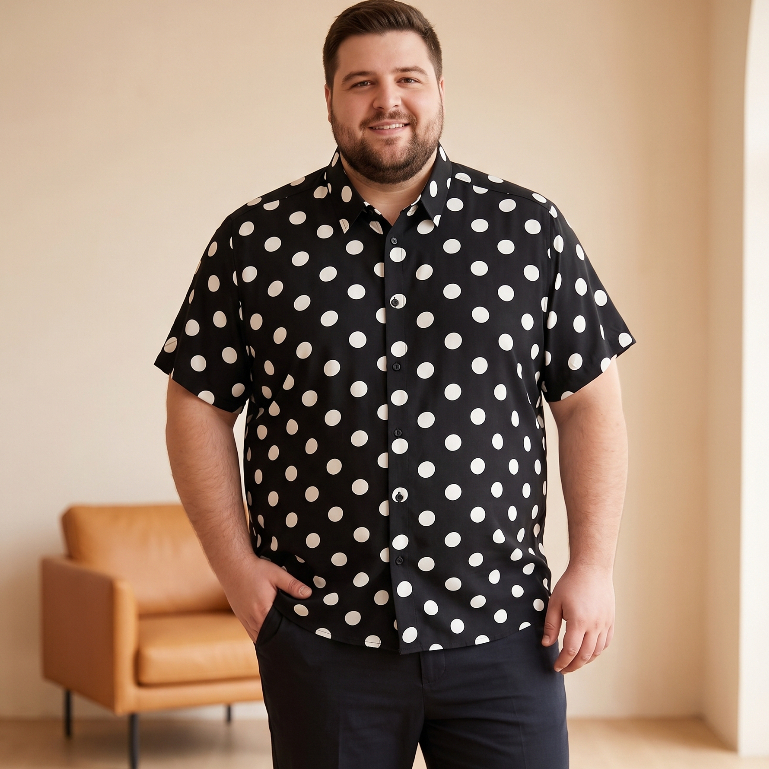 Camisa masculina plus size vintage de manga curta com estampa de poá
