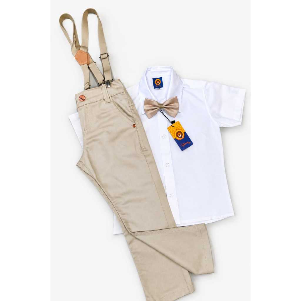 Conjunto batizado menino roupa social infantil camisa manga curta criança calça sarja bege suspensório gravata trajes