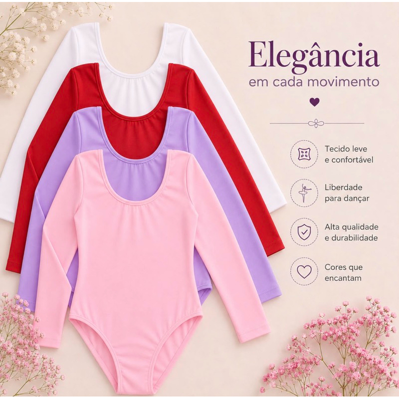 Collant/Body de Manga Longa Para Ballet (Infantil e Juvenil) - PRETO E ROSA