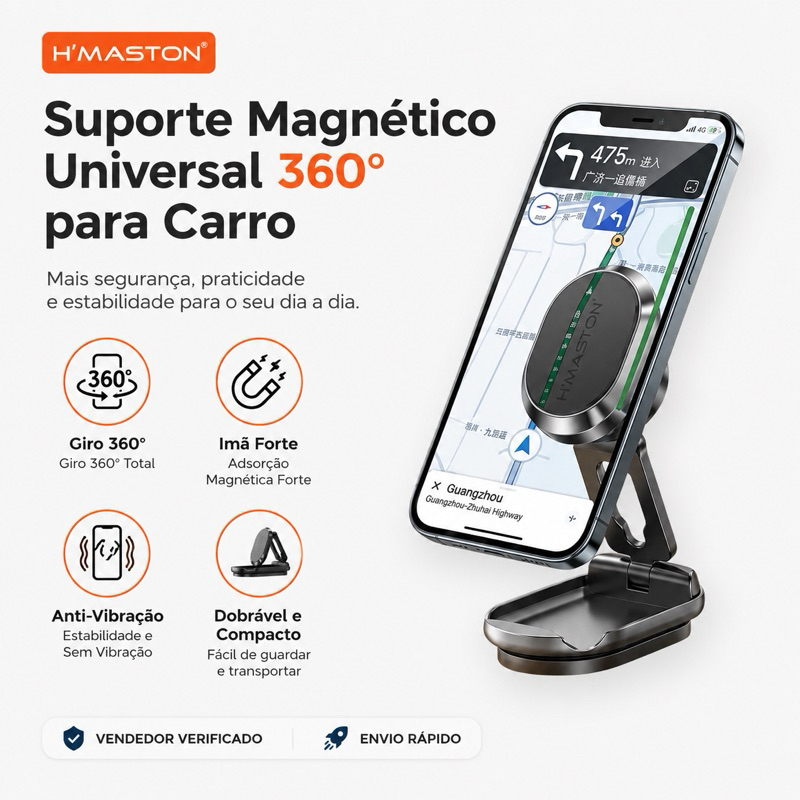 Suporte Magnético Veicular Universal 360° Para Celular Carro Imã Forte Anti-Vibração