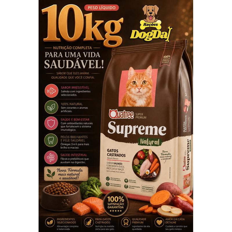 Ração Quatree Supreme Natural Gatos Castrados 10kg Salmão Super Premium