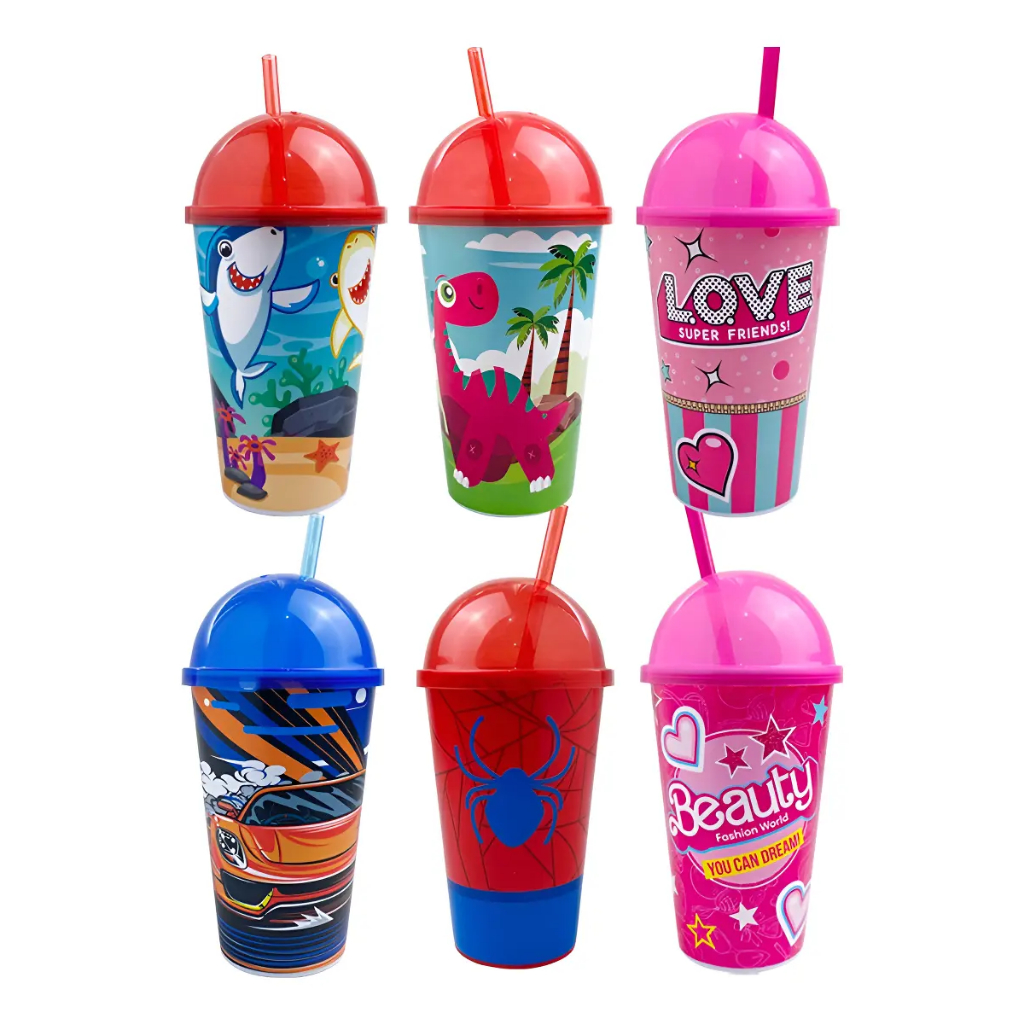 Copo Com Tampa Sorvete E Canudo Infantil Várias Estampas