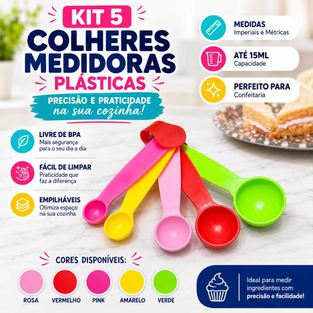 Jogo de 5 Colheres Medidoras Multicoloridas para Bolo e Confeitaria
