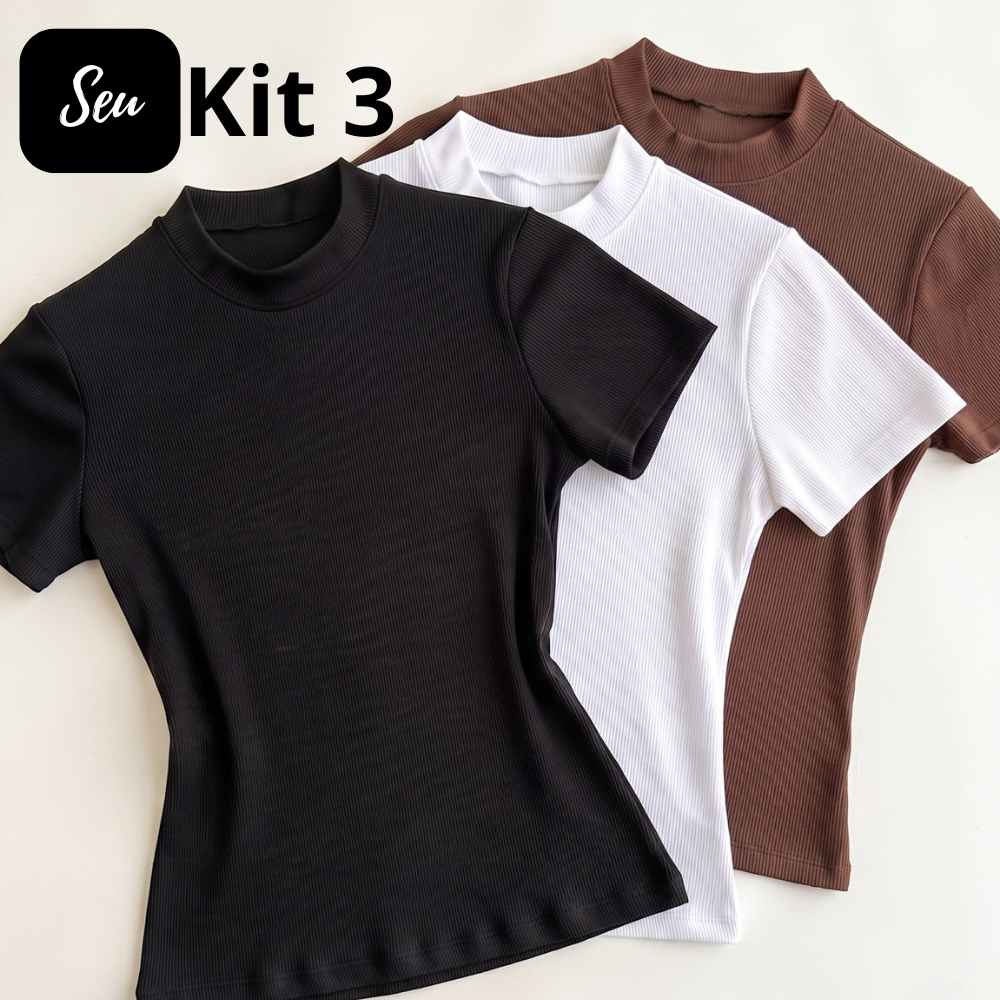 Kit 3 Blusa Feminina Ribana Canelada Estilosa Básicas Manga Curta Gola Alta Tendência Verão