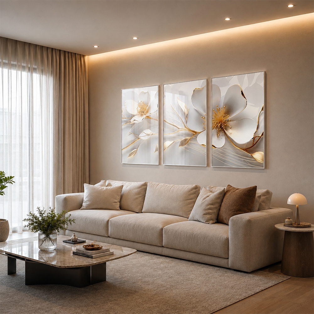 Quadro Decorativo Elegância em Flor Em 3 Telas Moldura Branca 50x75