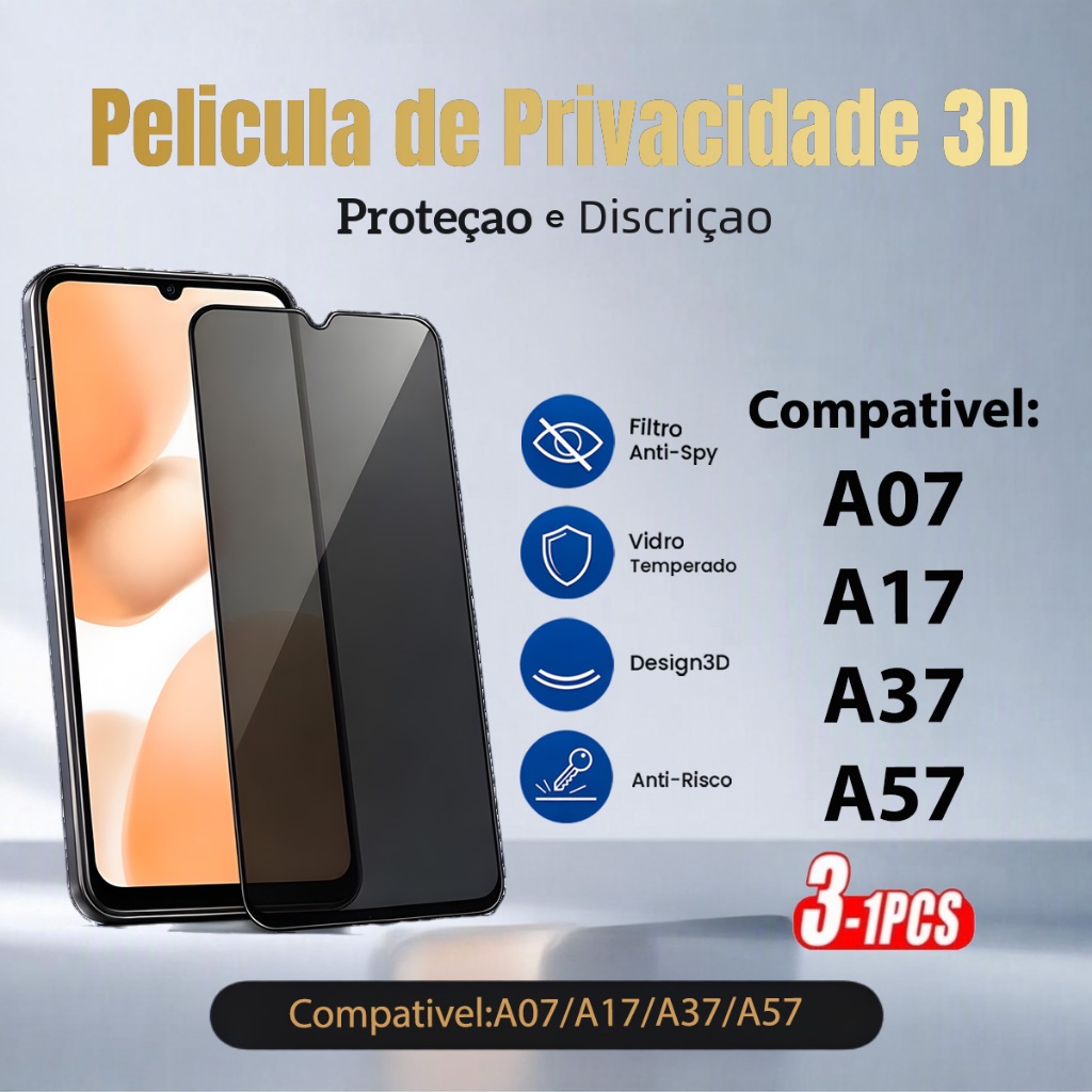 Película Privacidade 3D Vidro Temperado Anti Spy para Samsung A07 A17 A37 A57 Proteção de Tela