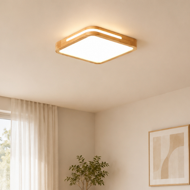 Lustre de Madeira Quadrada Moderna Luminaria de Teto LED Plafon Decorativo para Sala Quarto Cozinha 36w / 48w Bivolts