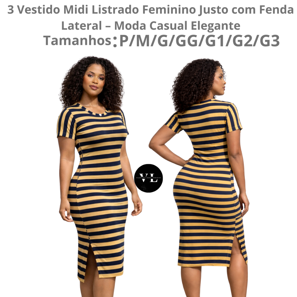 3 Vestido Feminino Midi Listrado Manga Curta Casual Confortável Elegante com Fenda Lateral