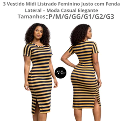 3 Vestido Feminino Midi Listrado Manga Curta Casual Confortável Elegante com Fenda Lateral