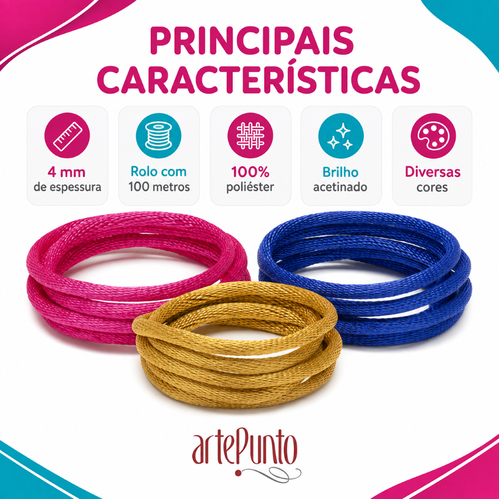 Cordão de Cetim ArtePunto 4mm 100m Rabo de Rato para Bolsas Macramê e Artesanato