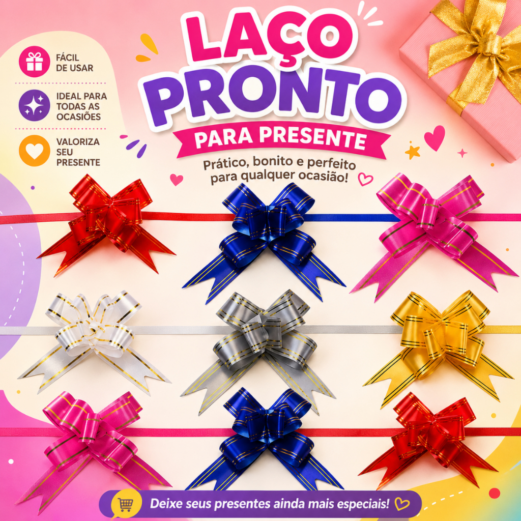 Kit 100 laço Mágico Fácil fitilho p/ Presente kit Festa Decoração com Fita Dourada