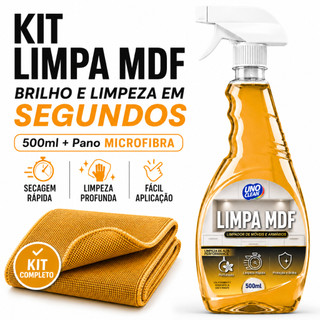 Kit Limpa MDF 500ml Spray Perfumado + Pano Microfibra Limpa Móveis Armários Madeira Remove Gordura Sujeira Poeira Brilho