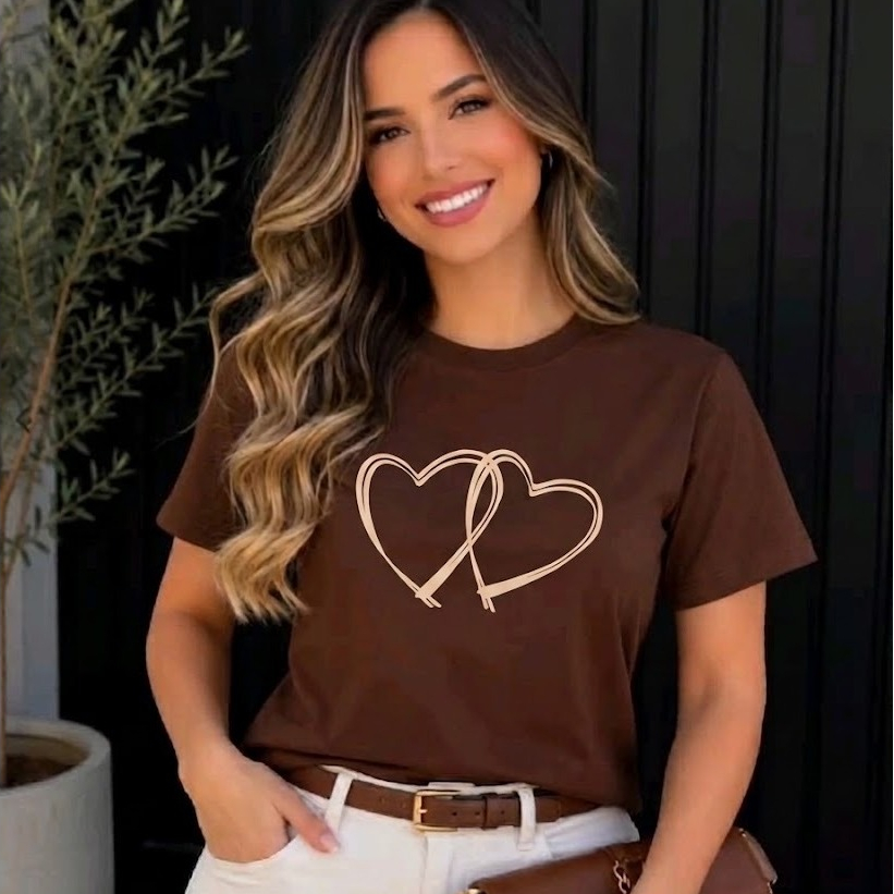 Camiseta T Shirt Feminina Estampa de Coração Camisa 100% Algodão Blusa Básica Casual Manga Curta Tendência