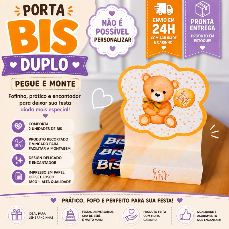 20 a 40 Porta Bis Duplo Ursinho Dourado Chá Revelação Neutro | Lembrancinha Festa Infantil | PEGUE E MONTE