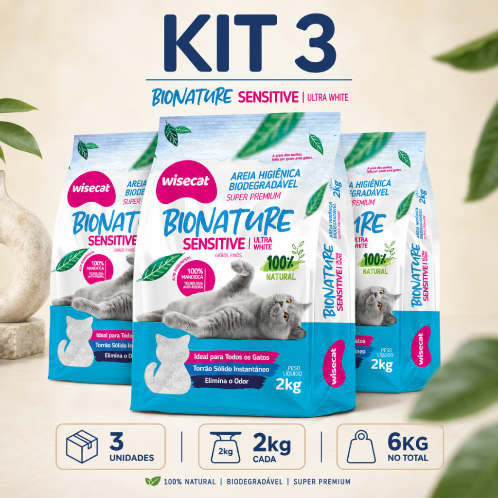 Kit 3 Areia Sanitária De Mandioca Grãos Finos Para Gatos Biodegradável Wisecat 6kg