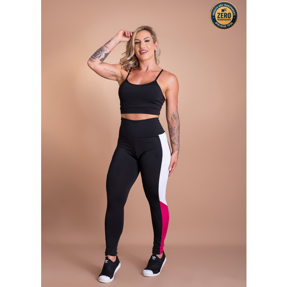 Conjunto Fitness Feminino Calça Legging Recorte Lateral Cintura Alta E Top Cropped Alcinha Academia ZERO TRANSPARÊNCIA