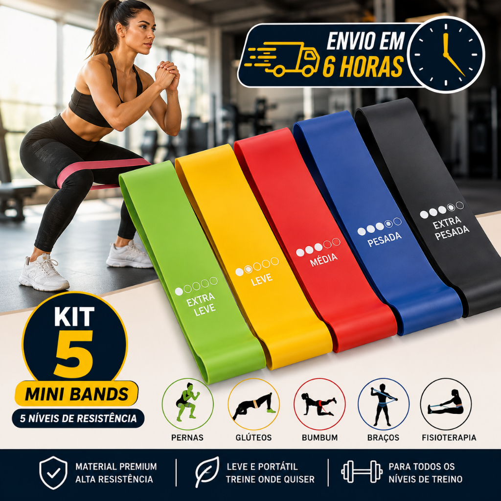 Kit 5 Mini Bands Faixas Elásticas de Resistência Treino Academia Fisioterapia