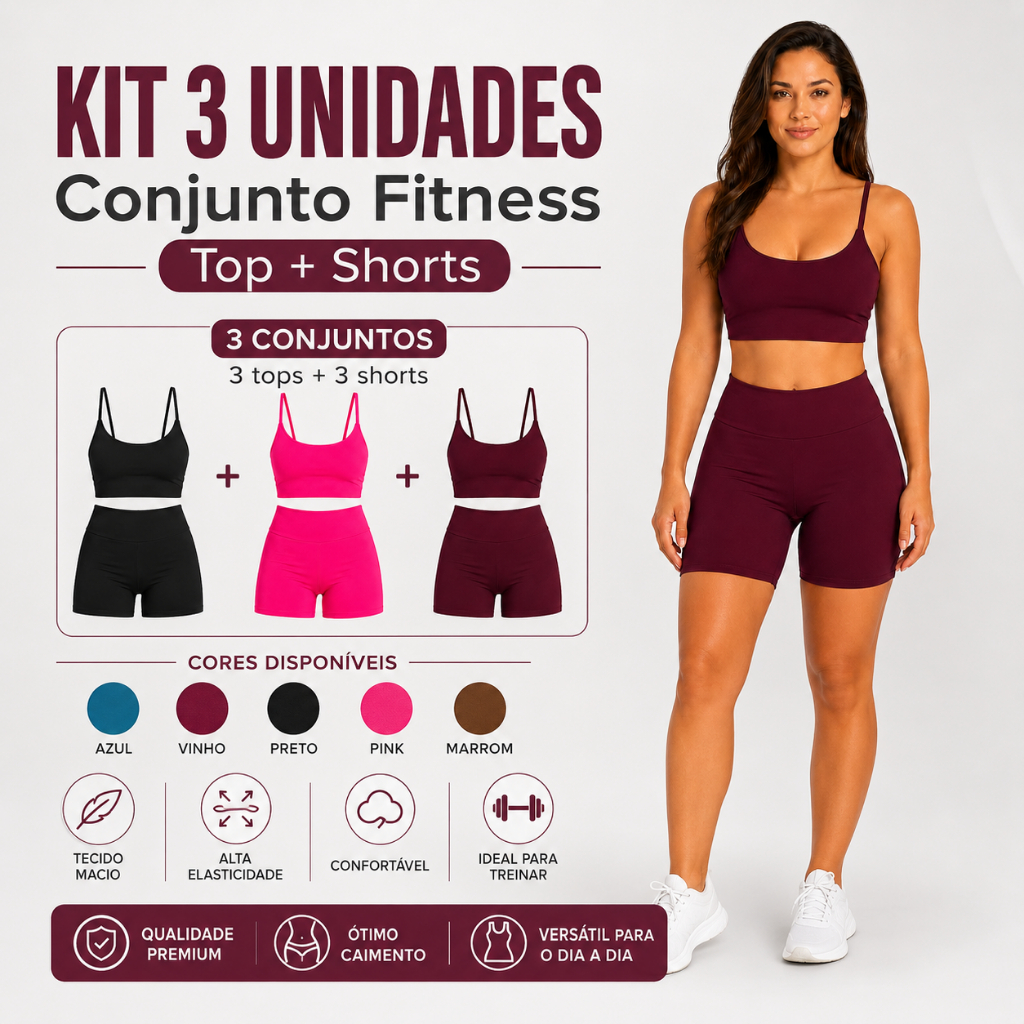 Kit 3 Conjunto Conjunto  Fitness Feminino Shorts + Top de Alça Fina em Suplex