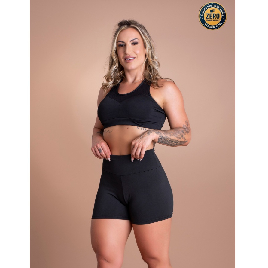 Conjunto Fitness Feminino Short Cintura Alta Liso E Top Nadador Tela Sustentação Academia Treino ZERO TRANSPARÊNCIA