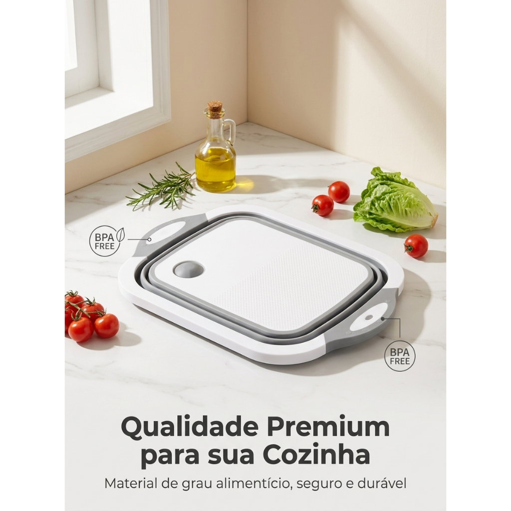 Tábua de Corte Dobrável 3 em 1 com Cesto para Lavar Alimentos e Válvula de Drenagem