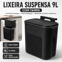 Lixeira Suspensa 9L Com Tampa Porta Armário Pia Cozinha Banheiro Suporte Adesivo